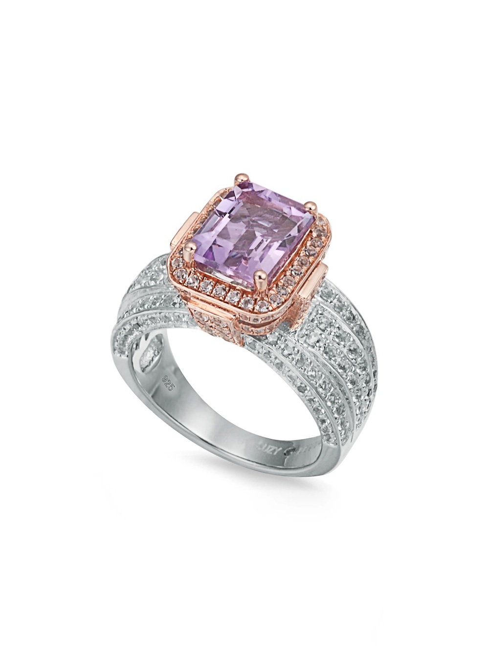 NWT Suzy Levian Two-Tone Purple Amethyst Sterling Silver Cushion Cut Ring $1452